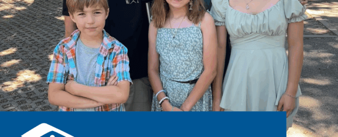 Picture of Lindsay Holloway and her family. "The Impact of a Habitat Calaveras Home" with Habitat Calaveras logo