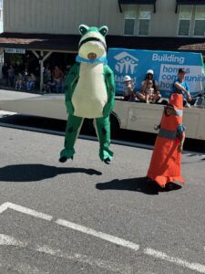 Jumping frog and traffic cone costumes for Habitat Calaveras' float.