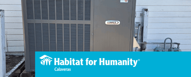 Photo of HVAC unit with Habitat Calaveras logo and "A Lifeline to Recovery: The Critical Home Repair Program"
