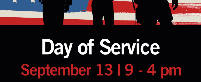 American Flag and silhouettes of Veterans and First Responders. "Day of Service, September 13, 9 - 4 pm. Jenny Lind Veterans Memorial District" with Habitat for Humanity Calaveras Logo