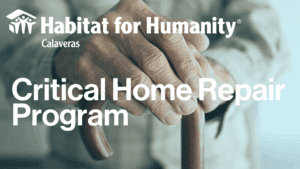 Picture of elder's hands with the Habitat Calaveras logo and "Critical Home Repair Program".
