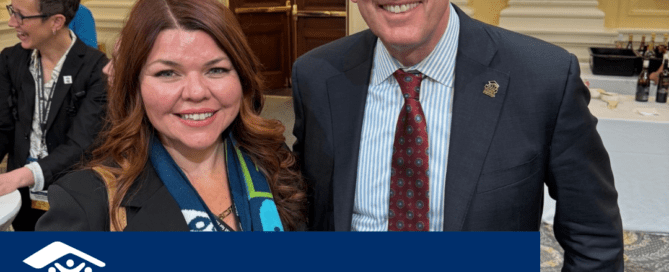 Image of Morgan Gace, Executive Director at Habitat for Humanity Calaveras and Jonathan Reckford, CEO of Habitat for Humanity International with Habitat Calaveras logo and "Advocacy in Action"