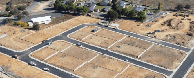 Drone photo of the Eureka Oaks Development in Angels Camp, CA. With title "Eureka Oaks Update" and Habitat Calaveras logo.